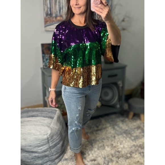 Mardi Gras Sequined Color Block Short Sleeves Cropped Purple Green Gold 0923 - Picture 7 of 8
